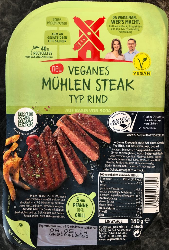 Produktverpackung Rügenwalder Mühle "Veganes Mühlen Steak Typ Rind"
